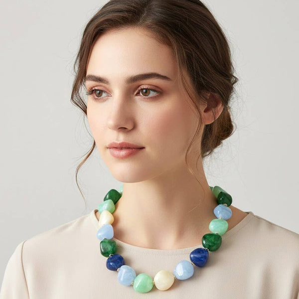 Chunky Marbled Resin Pebble Beaded Statement Necklace: Neutral