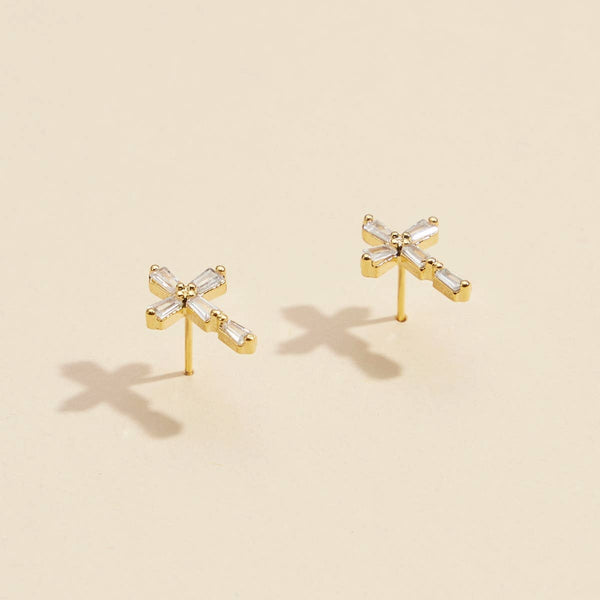 Gold and Silver Cross Stud Earrings with Crystals: White Gold