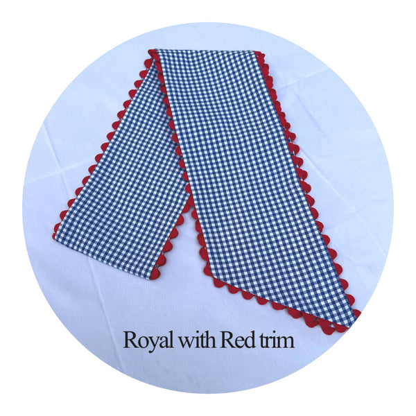 Custom Gingham Sashes with Trim: Black with Orange Trim 54"