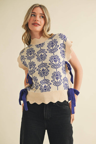 MOCK NECK FLORAL SWEATER VEST CROWN BLUE
