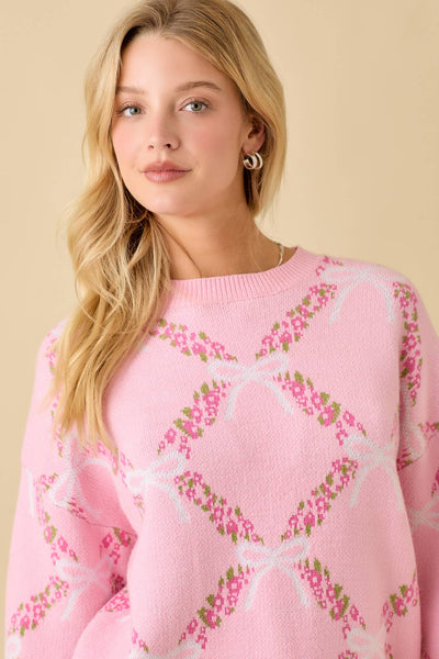 Coquette Ribbon With Floral Print Sweater Knit Top: PINK