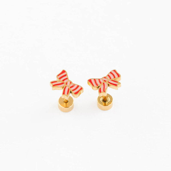 Striped Bow Stud Earrings - Hypoallergenic, Flat Back, Girl : Pair