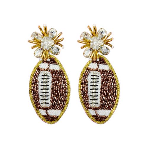 Brown and White Beaded Football Earrings