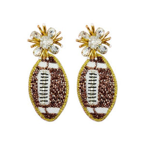 Brown and White Beaded Football Earrings