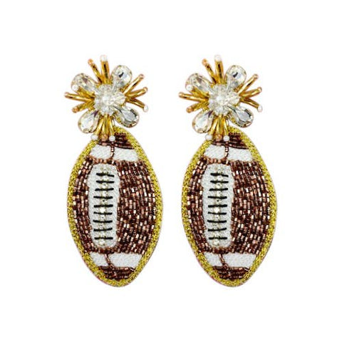 Brown and White Beaded Football Earrings