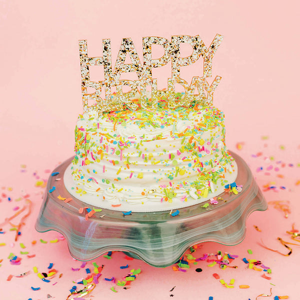 Cake Topper - "Happy Birthday" - Pearl + Gold Confetti