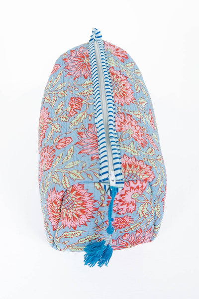 Light Blue w/  Floral print Quilted Cotton Toiletry Bag Set