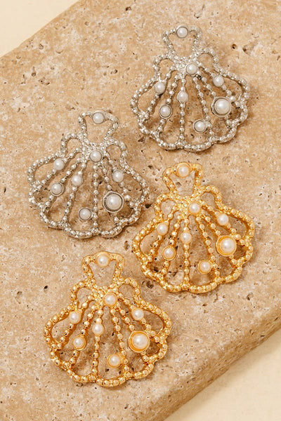 Pearl Studded Metallic Clam Shell Stud Drop Earrings: