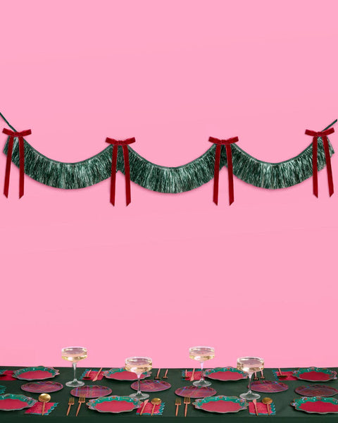 Xmas Bow Banner - fringe + velvet bows, christmas decor
