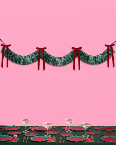 Xmas Bow Banner - fringe + velvet bows, christmas decor