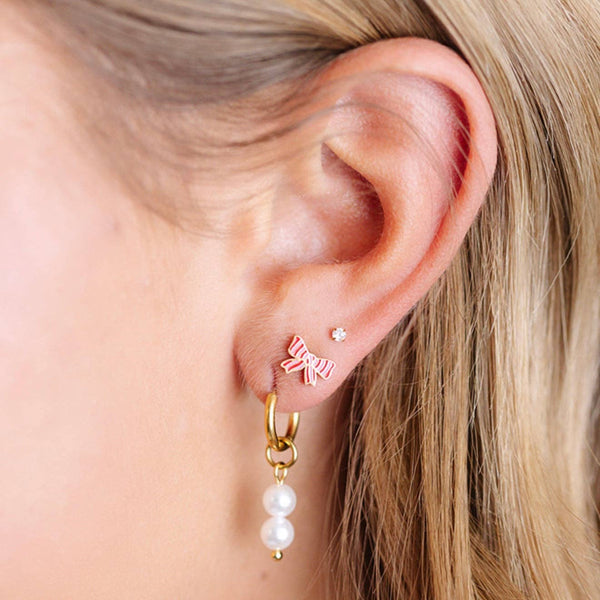 Striped Bow Stud Earrings - Hypoallergenic, Flat Back, Girl : Pair