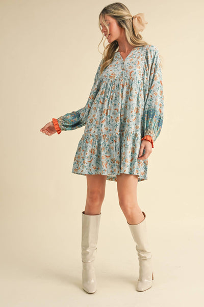EXCLUSIVE PRINT PUFF SLEEVE TIERED BABYDOLL DRESS Camel Multi Paisley