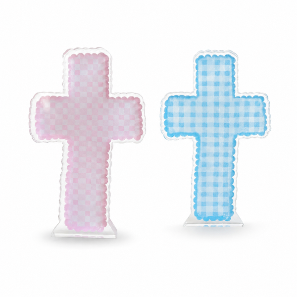 Mini Plaid Acrylic Cross Shelfie: Blue