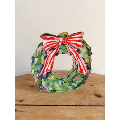 Lauren Dunn Acrylic Wreath Block with Red and WhiteStriped Bow