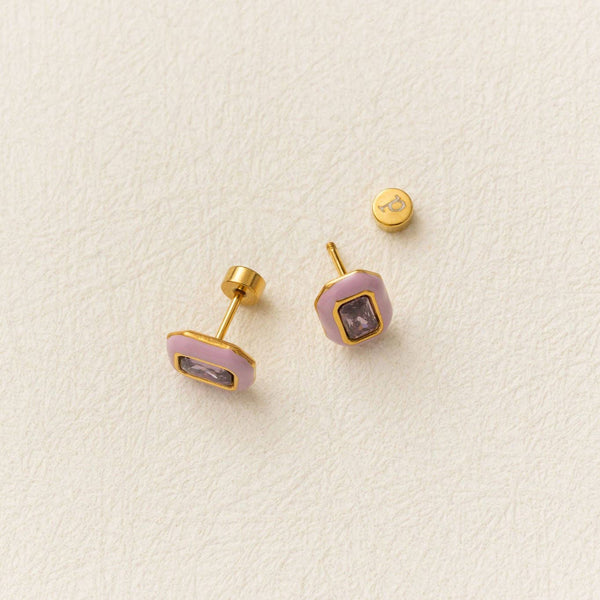 Emerald Enamel Gemstone Stud - Hypoallergenic, Flat Back: Pink / Pair