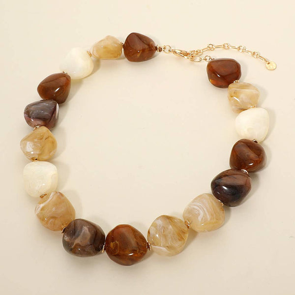 Chunky Marbled Resin Pebble Beaded Statement Necklace: Neutral