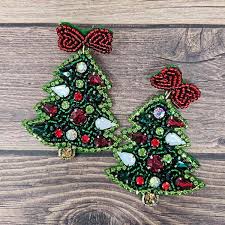 Christmas Tree Beaded Red Bow Earrings