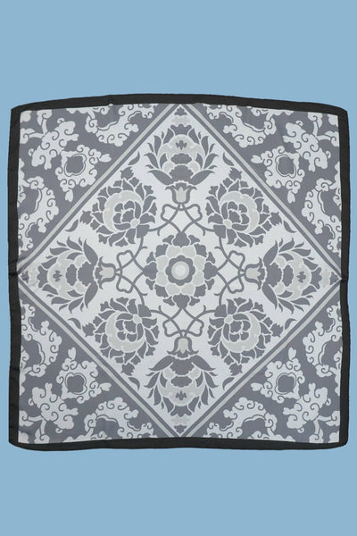 VINTAGE FLORAL PRINT SILKY FEEL BANDANA SCARF GREY