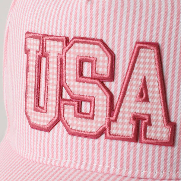 USA Embroidered Patch Gingham Stripe Trucker Hat: PINK / One Size