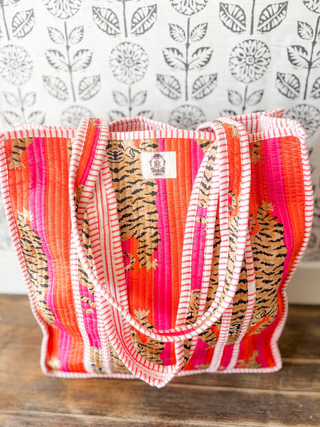 Pink and Orange Eye of The Tiger | Large Quilted Tote Bag