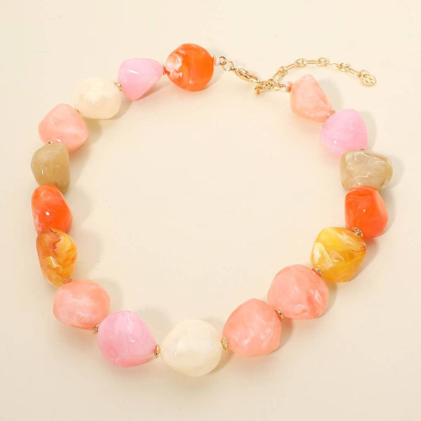 Chunky Marbled Resin Pebble Beaded Statement Necklace: Neutral