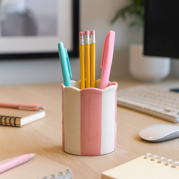 Pencil Cup - Pink/Ivory Ceramic Decorative Striped, 4 in.