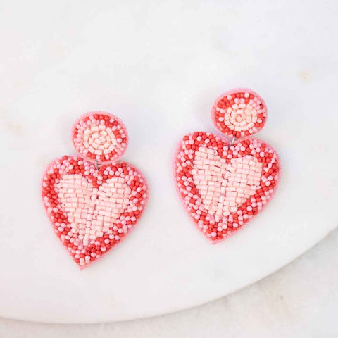 Heart Beaded Earrings   Pink/Red   2.5"