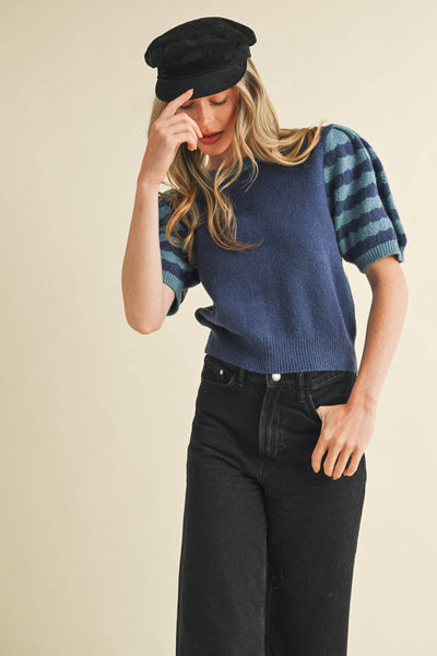 CONTRAST STRIPED PUFF SLEEVE SWEATER MSW10887: Pink