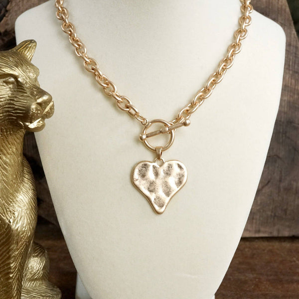 Boho Hammered Heart Front Toggle Necklace –  Gold Tone