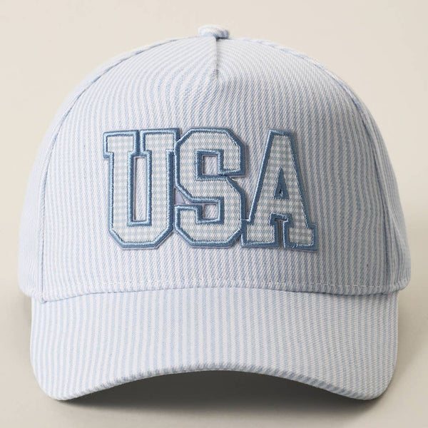 USA Embroidered Patch Gingham Stripe Trucker Hat: BLUE / One Size