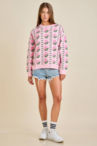 Floral Border Jacquard Sweater Knit: FLORAL PINK