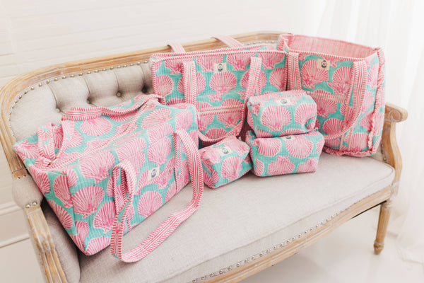 Sanibel Pink Shell | Large Quilted Ruffle Tote Bag