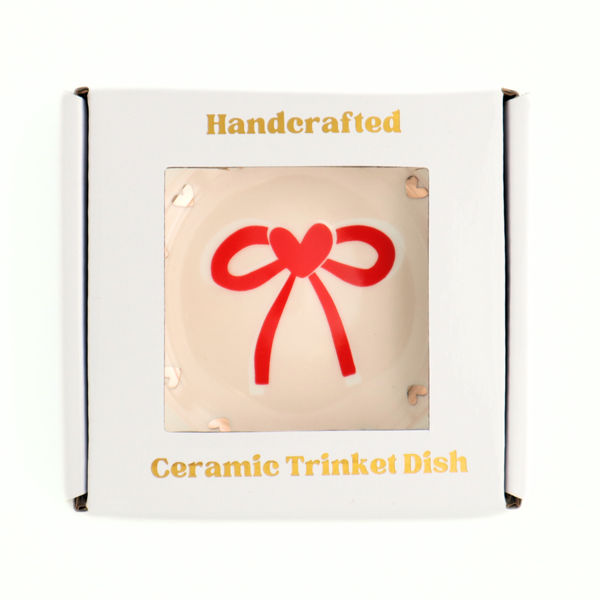 Round Trinket Tray Red Bow Gold Heart
