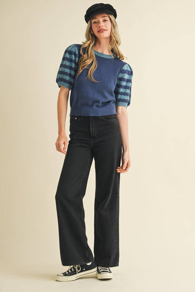 CONTRAST STRIPED PUFF SLEEVE SWEATER MSW10887: Pink