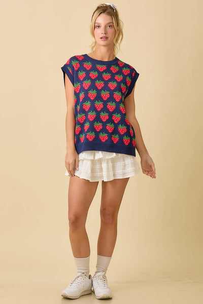 Strawberry Oversized Sleeveless Sweater Knit Top: NAVY