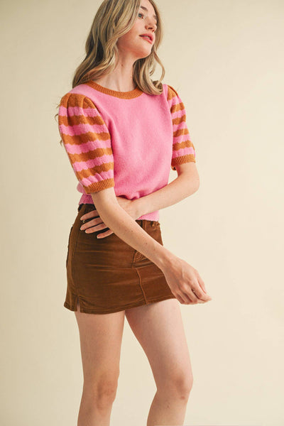 CONTRAST STRIPED PUFF SLEEVE SWEATER MSW10887: Pink