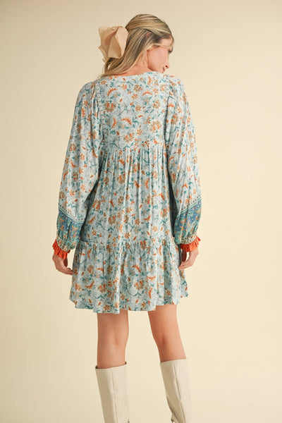 EXCLUSIVE PRINT PUFF SLEEVE TIERED BABYDOLL DRESS Camel Multi Paisley