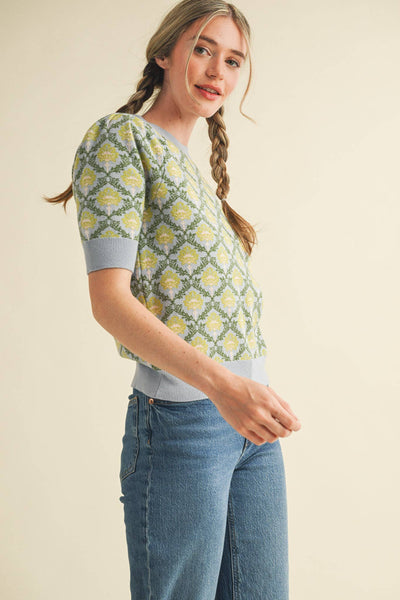FLORAL PATTERN SHORT SLEEVE SWEATER LT BLUE SAGE MULTI