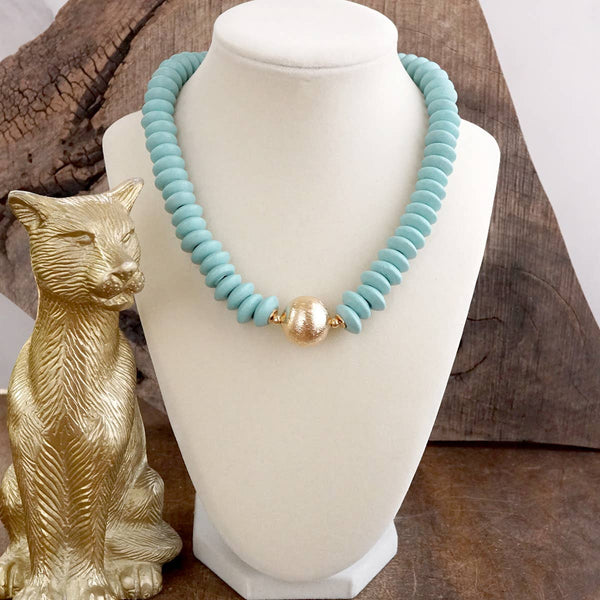 Wood Saucer Beads Short Statement Necklace Gold center Turquoise