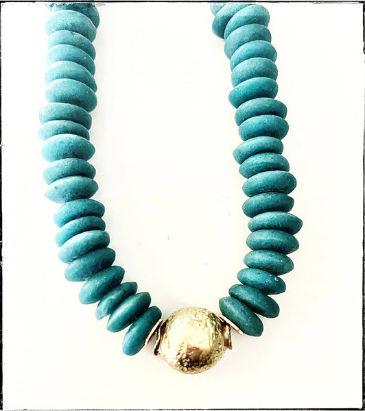 Green Teal Recycled Glass Short Necklace Brass Ball Pendant