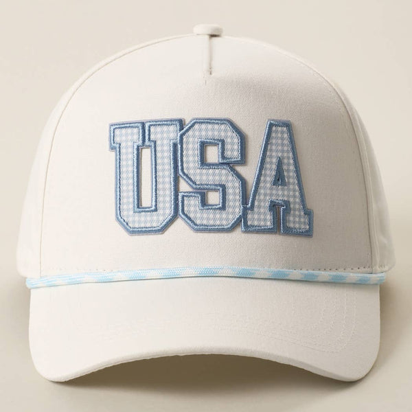 USA Gingham Embroidered Patch Rope Trucker Hat: PINK / One Size