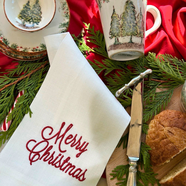Merry Christmas Linen Towel - Christmas/Holiday: White