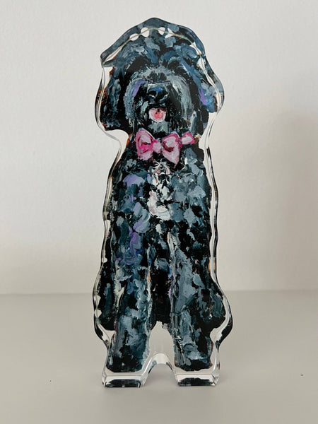 "Golden Doodle Black With Pink Bow" acrylic shelfie: Small