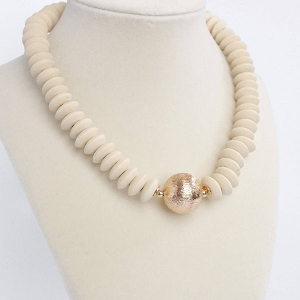 Wood Saucer Beads Short Statement Necklace Gold center Beige