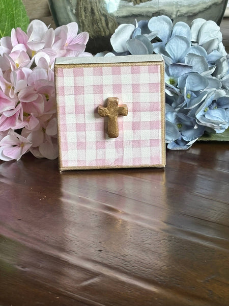 Pink Gingham Hand Brushed Gold Leaf Canvas Art