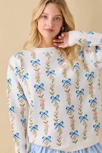 Coquette Ribbon Bow Sweater Knit Top: WHITE