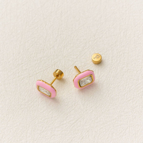 Emerald Enamel Gemstone Stud - Hypoallergenic, Flat Back: Pink / Pair