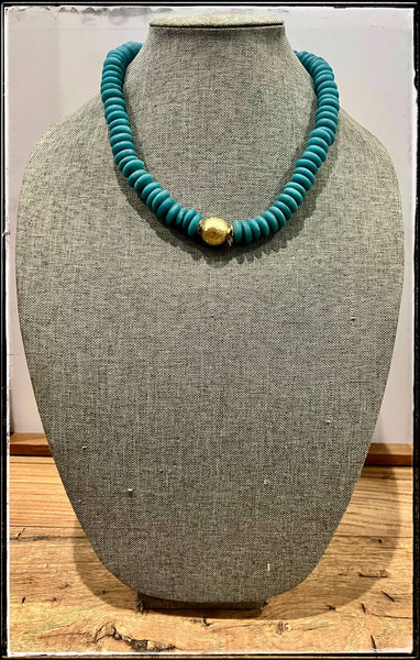 Green Teal Recycled Glass Short Necklace Brass Ball Pendant