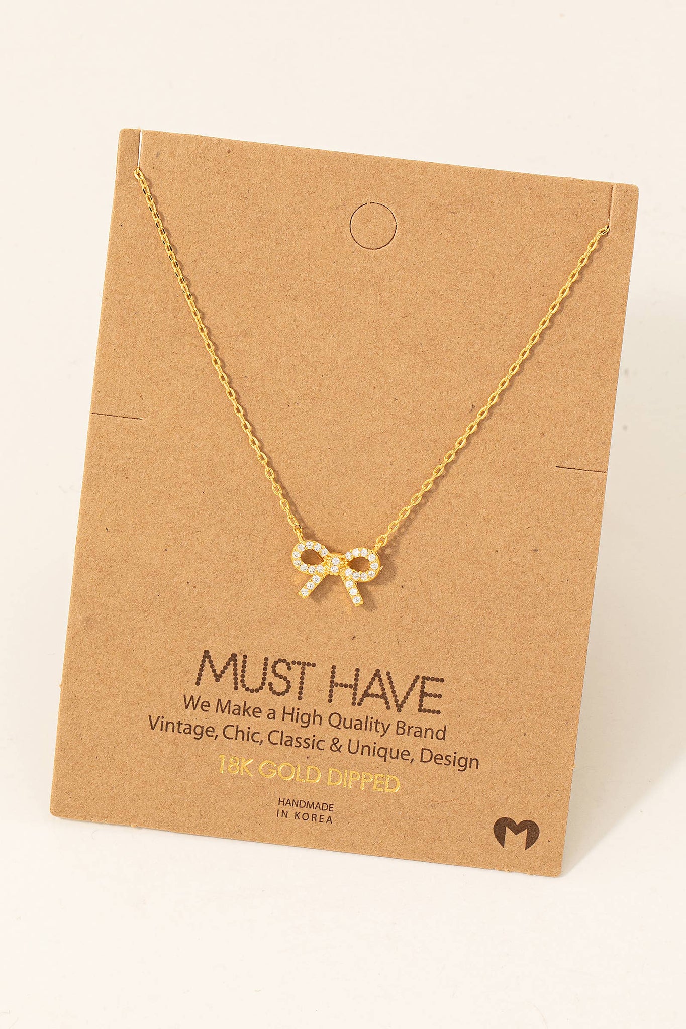 Gold Dipped Cz Stud Ribbon Bow Pendant Necklace: G