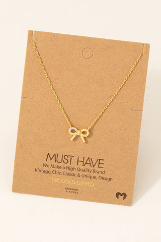 Gold Dipped Cz Stud Ribbon Bow Pendant Necklace: G